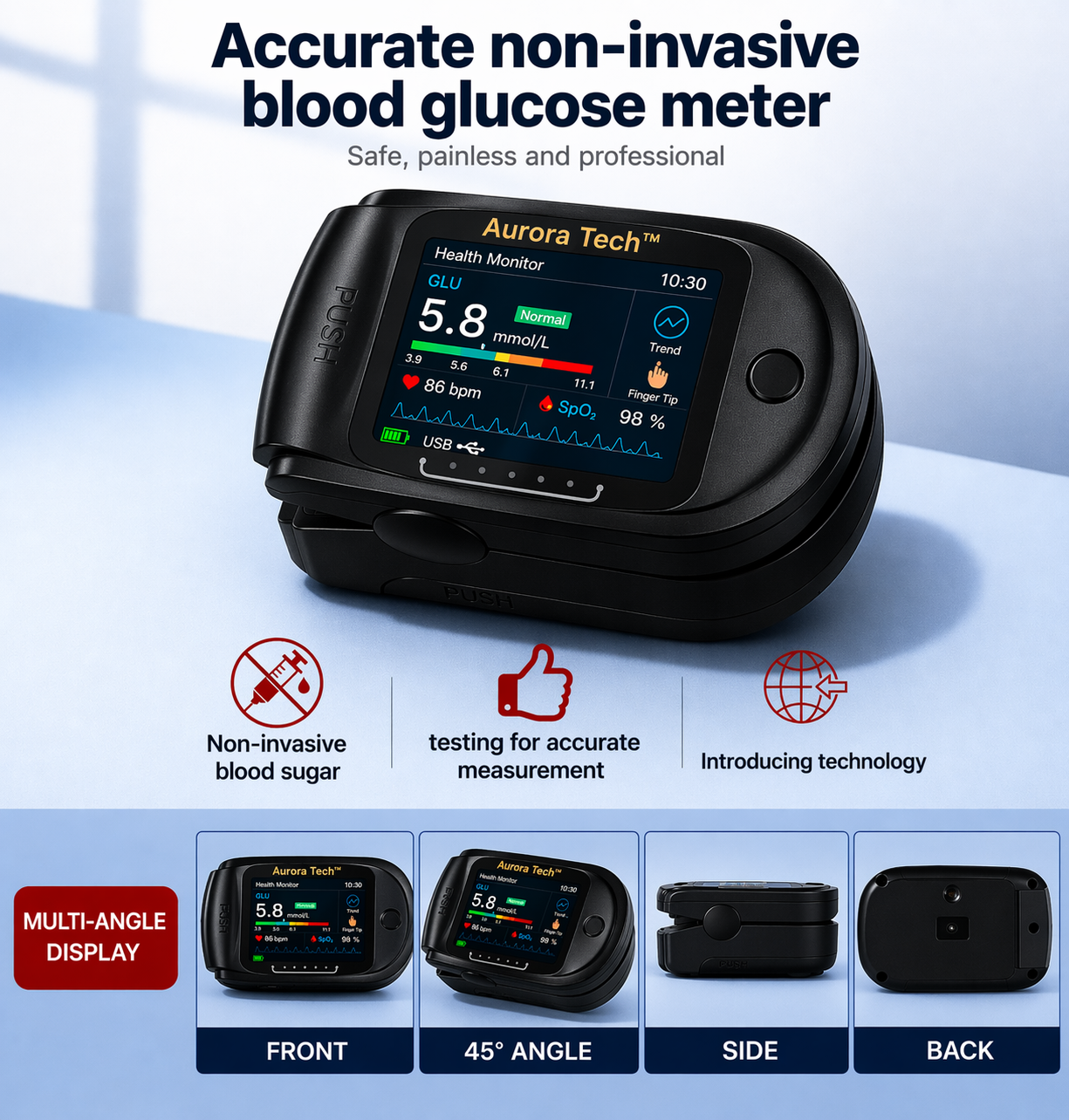 Aurora Tech™ Non-Invasive Blood Glucose Monitor | High-Precision 99.9% Accuracy | TGA Certified